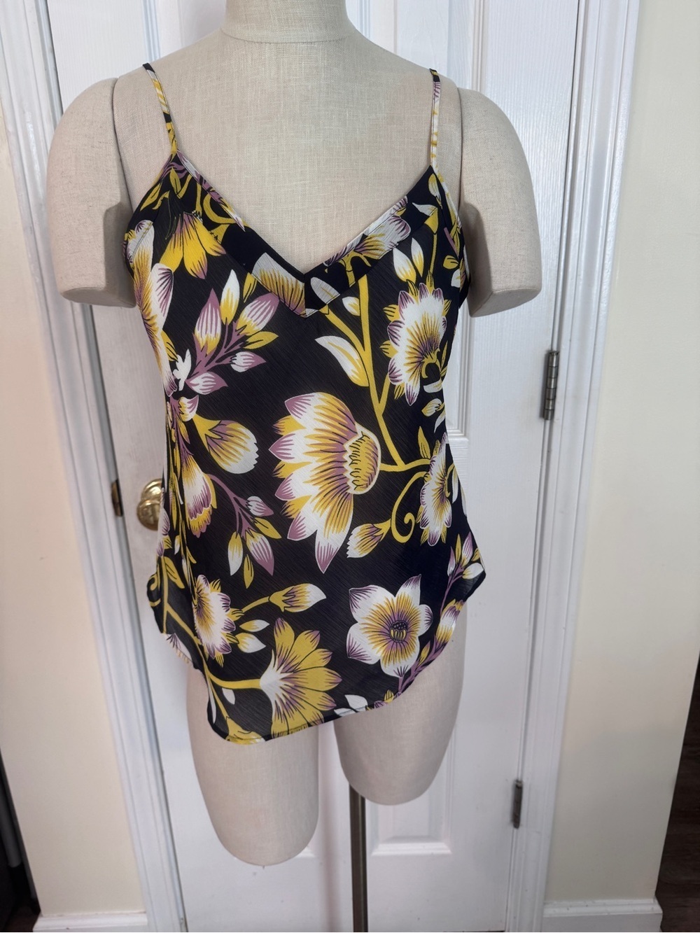 Ann Taylor Floral Cami Tank Top Small Black Yellow Pink Sleeveless Blouse